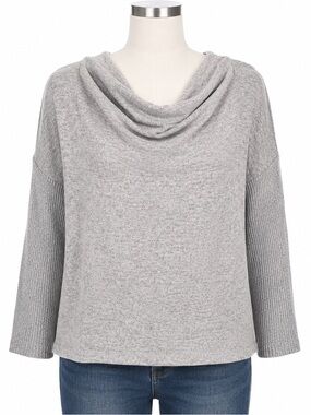 LOFT Gray Cowl Neck Knit Top Large Relaxed Oversized Ribbed Sleeve